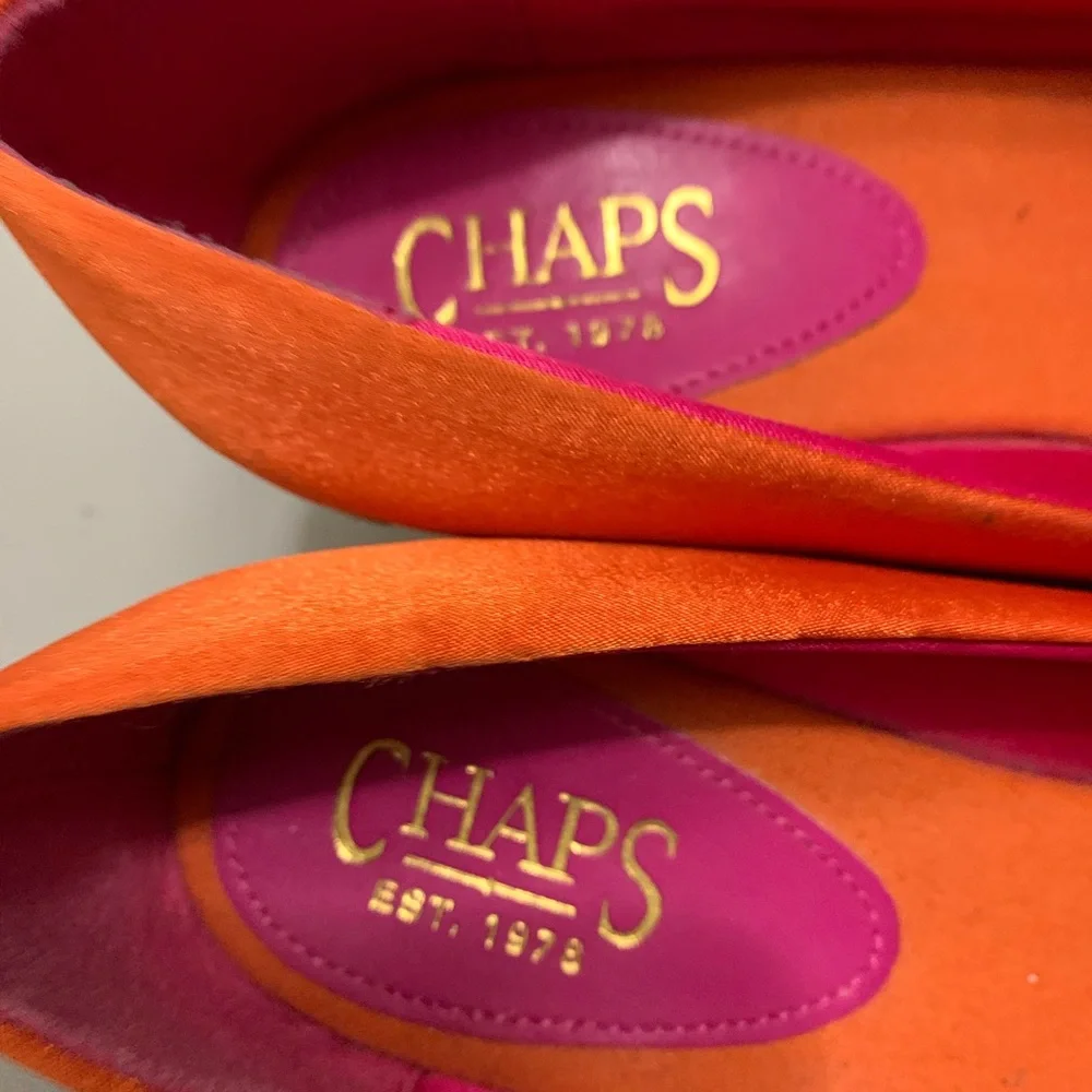 Ralph Lauren Chaps Espadrilles 6.5 Orange Sheen Wedges Stacked Heels